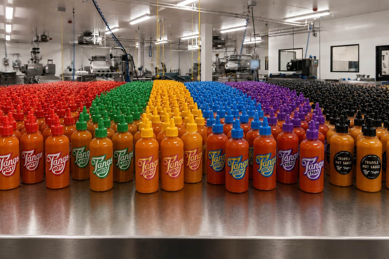 Hundreds of Tango bottles sorted by flavor across the production-kitchen line